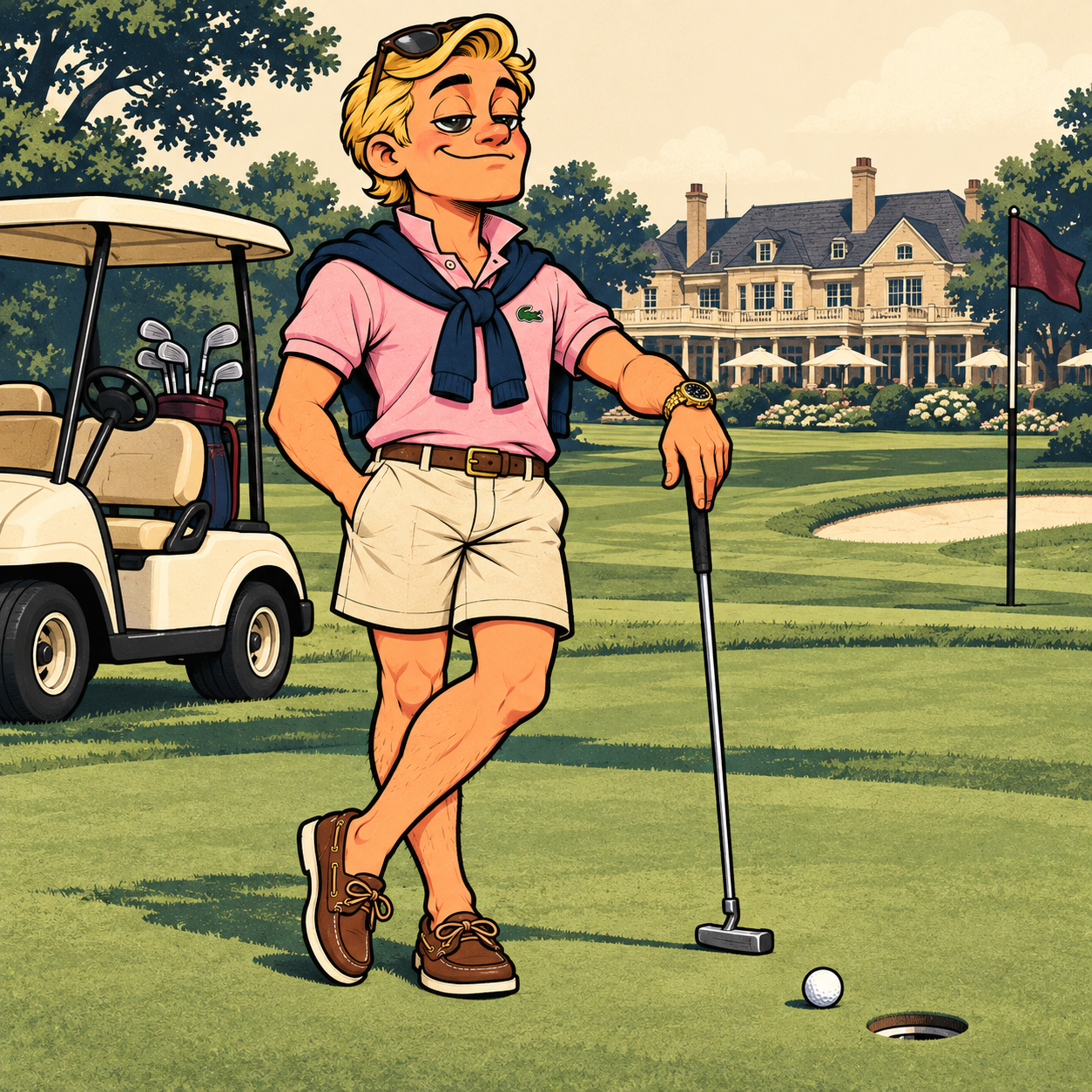 Preston posing with a golf club beside a ball inches from the hole at a private club