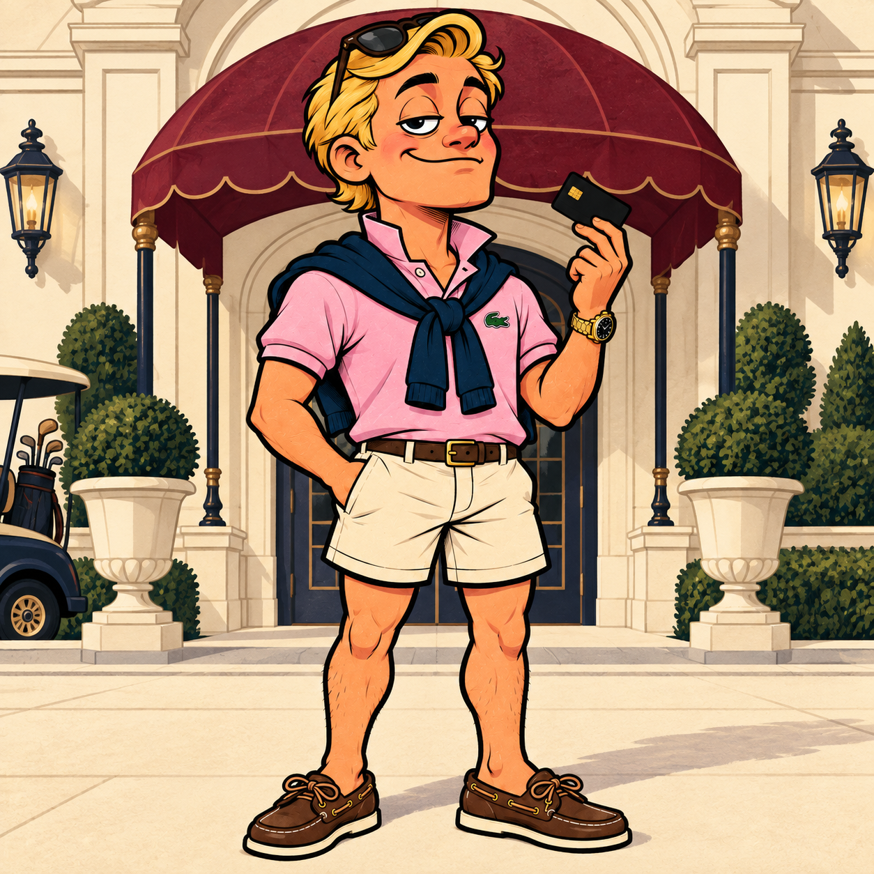 Preston, a smug blond heir in a pink polo and boat shoes, flashing a black card outside his country club