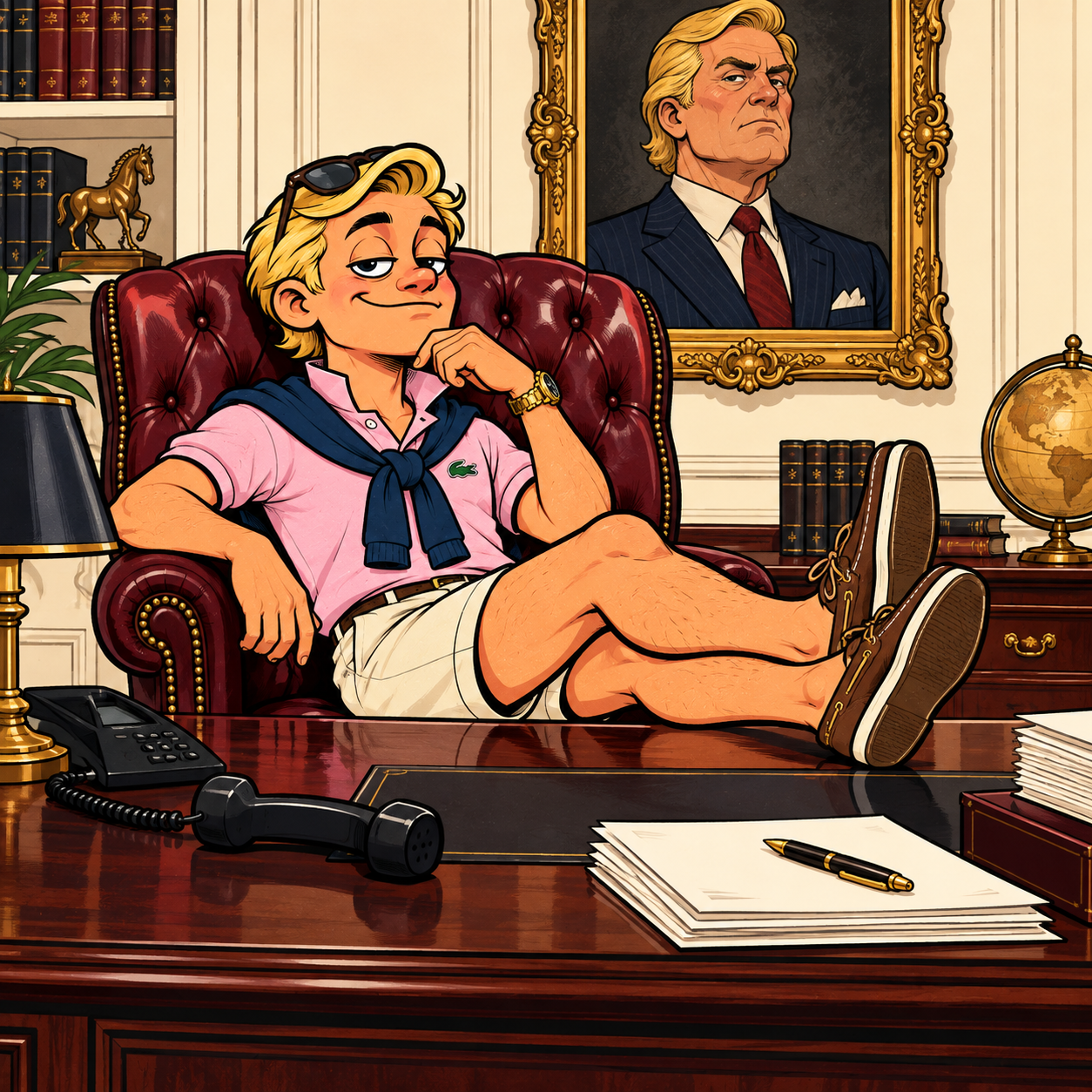Preston reclining with boat shoes on an executive desk beneath a portrait of his father
