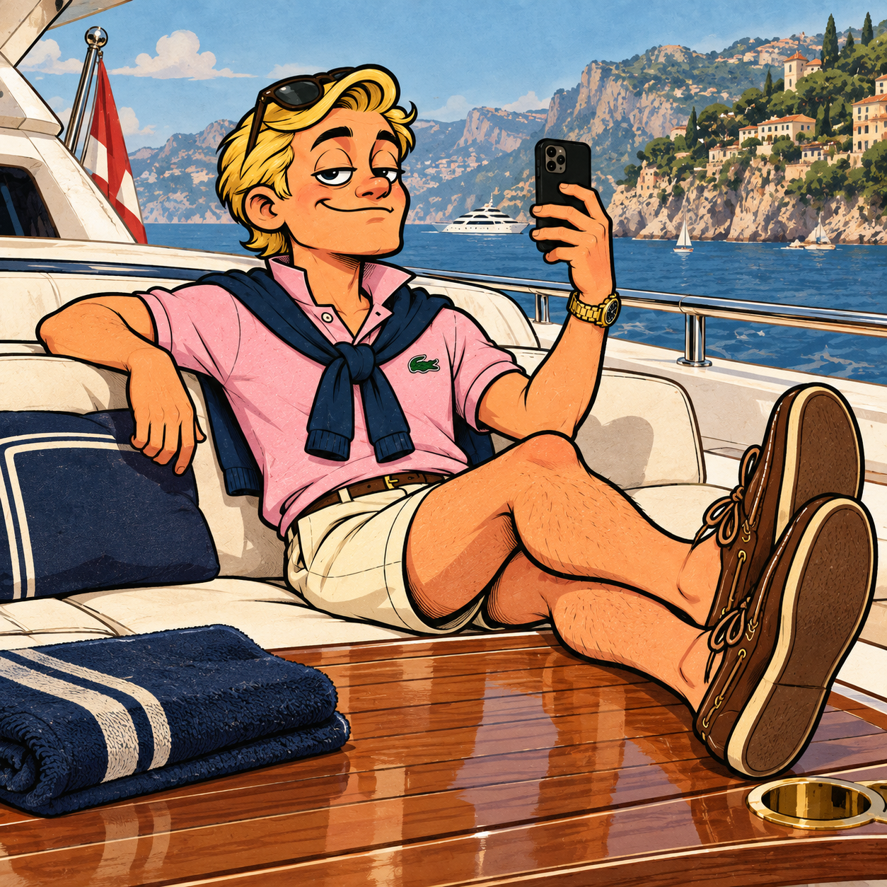Preston taking a selfie on his family's yacht with his boat shoes up on a teak table